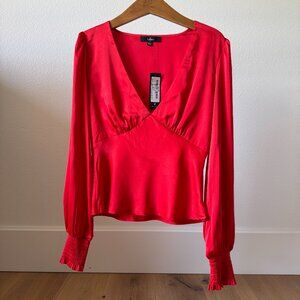 Lulus Head Held High Red Satin Long Sleeve Blouse Top | Size Small NWT